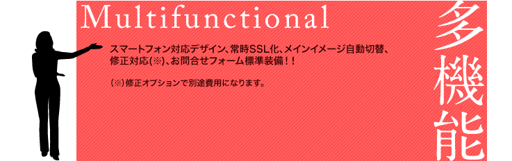 オプションメリット（5）多機能。スマートフォン対応デザイン、常時SSJ化、メインイメージ自動切替、修正対応(※1)、アクセス解析(※2)、お問合せフォーム標準装備！！（※1）修正オプションで別途費用になります。（※2）グーグルアカウントが必要で、トラッキングコードの取得をお願いします。