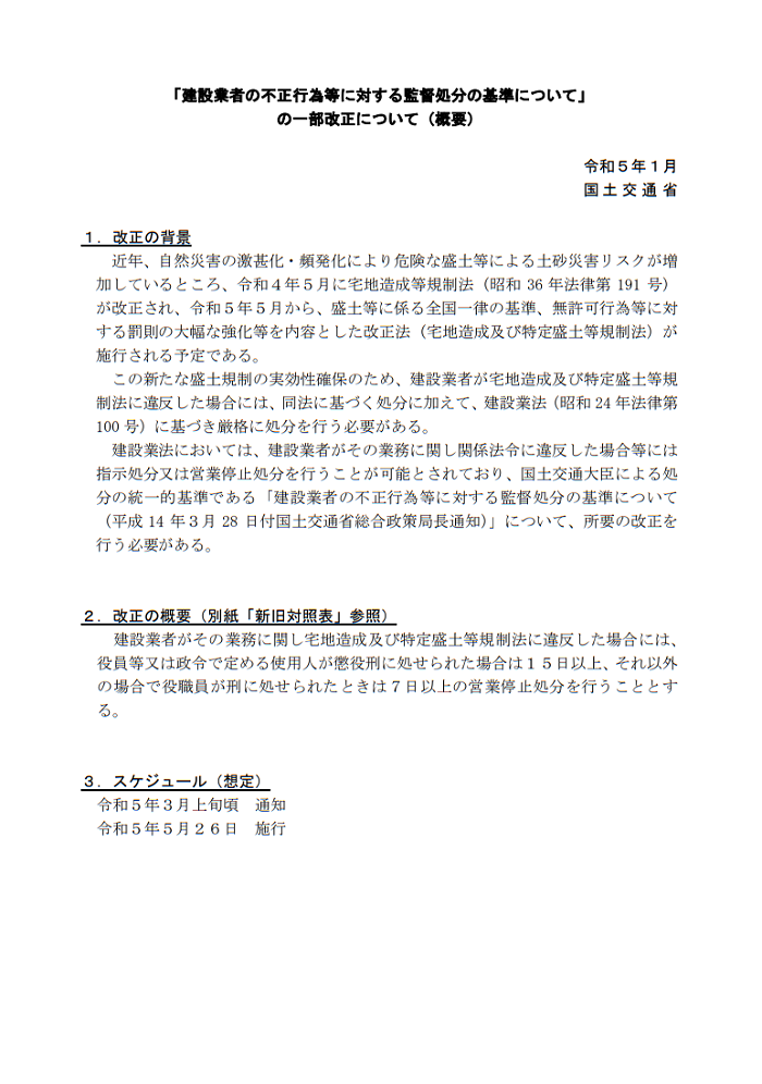 建設業者不正行為等に対する監督処分基準の改正