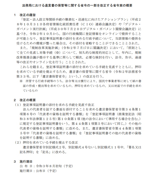 法務局における遺言書の保管等に関する省令の一部を改正する省令案