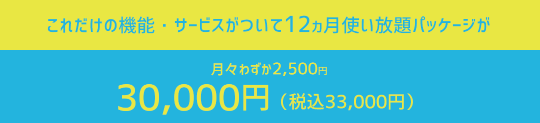 　これだけの機能・サービスがついて12ヵ月使い放題パッケージが月々わずか2,500円｜30,000円（税込33,000円）