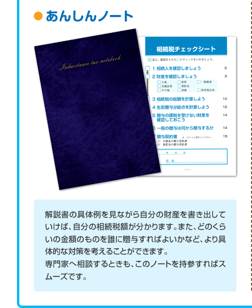●あんしんノート
解説書の具体例を見ながら自分の財産を書き出していけば、自分の相続税額が分かります。また、どのくらいの金額のものを誰に贈与すればよいかなど、より具体的な対策を考えることができます。
専門家へ相談するときも、このノートを持参すればスムーズです。
