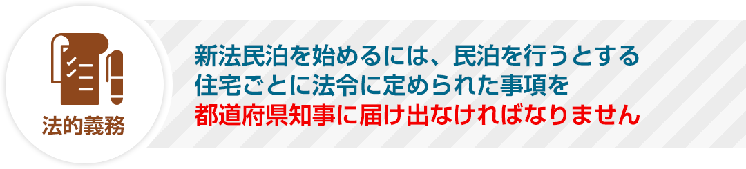 新法民泊を始めるには、民泊を行うとする住宅ごとに法令に定められた事項を都道府県知事に届け出なければなりません