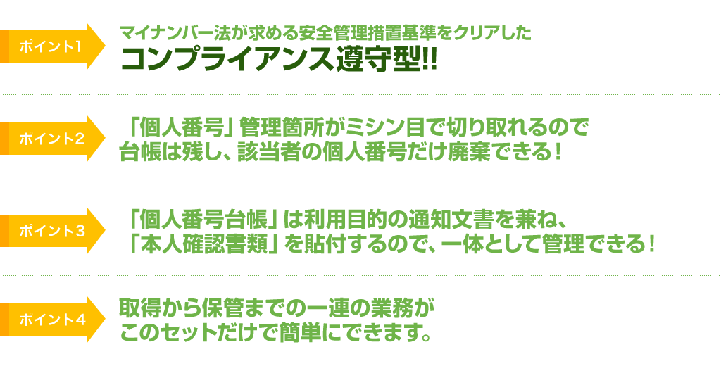 【ポイント1】マイナンバー法が求める安全管理措置基準をクリアしたコンプライアンス遵守型!!【ポイント2】「個人番号」管理箇所がミシン目で切り取れるので台帳は残し、該当者の個人番号だけ廃棄できる！【ポイント3】「個人番号台帳」は利用目的の通知文書を兼ね、「本人確認書類」を貼付するので、一体として管理できる！【ポイント4】取得から保管までの一連の業務がこのセットだけで簡単にできます。
