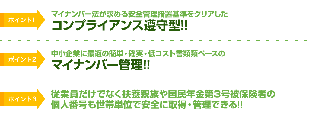 【ポイント1】マイナンバー法が求める安全管理措置基準をクリアしたコンプライアンス遵守型!!【ポイント2】中小企業に最適の簡単・確実・低コスト書類類ベースのマイナンバー管理!!【ポイント3】従業員だけでなく扶養親族や国民年金第3号被保険者の個人番号も世帯単位で安全に取得・管理できる!!