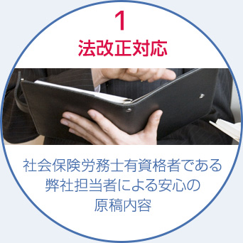 1法改正対応｜社会保険労務士有資格者である弊社担当者による安心の原稿内容