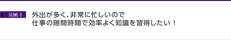 外出が多く、非常に忙しいので、仕事の隙間時間で効率よく知識を習得したい！