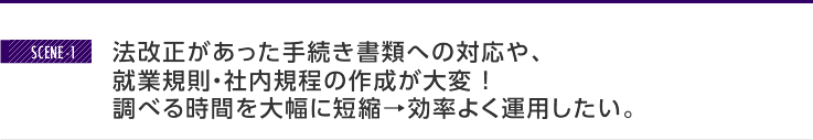 法改正があった手続き書類への対応や、就業規則・社内規定の作成が大変 ！調べる時間を大幅に短縮→効率よく運用したい。