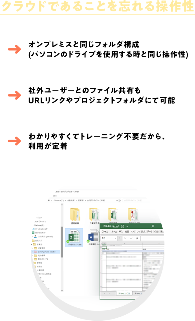 オンプレミスと同じフォルダ構成(パソコンのドライブを使用する時と同じ操作性)｜社外ユーザーとのファイル共有もURLリンクやプロジェクトフォルダにて可能｜わかりやすくてトレーニング不要だから、利用が定着